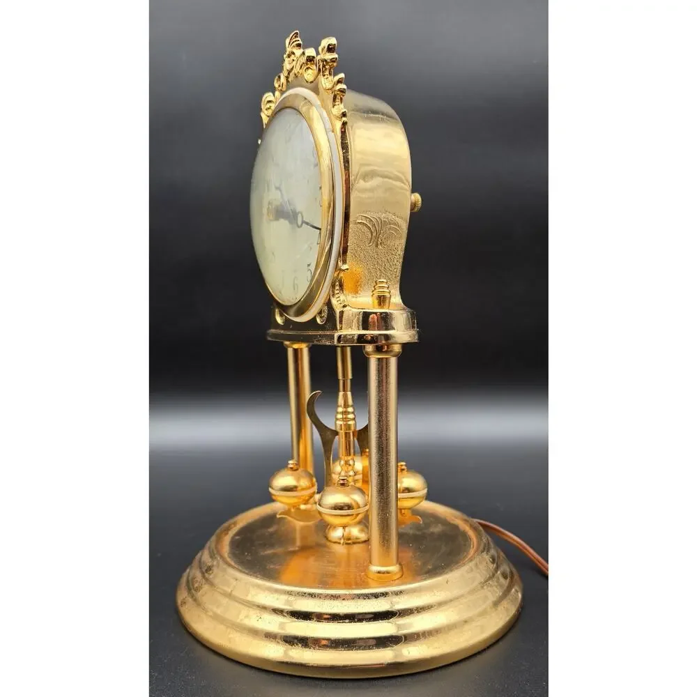 Vintage United Model 975 Brass Anniversary Clock w/ Glass Dome Works - Rare